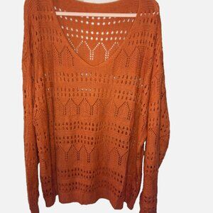 Women Burnt Orange Open Knit Sweater VNeck Lightweight Long Sleeve Boho Pullo 5x